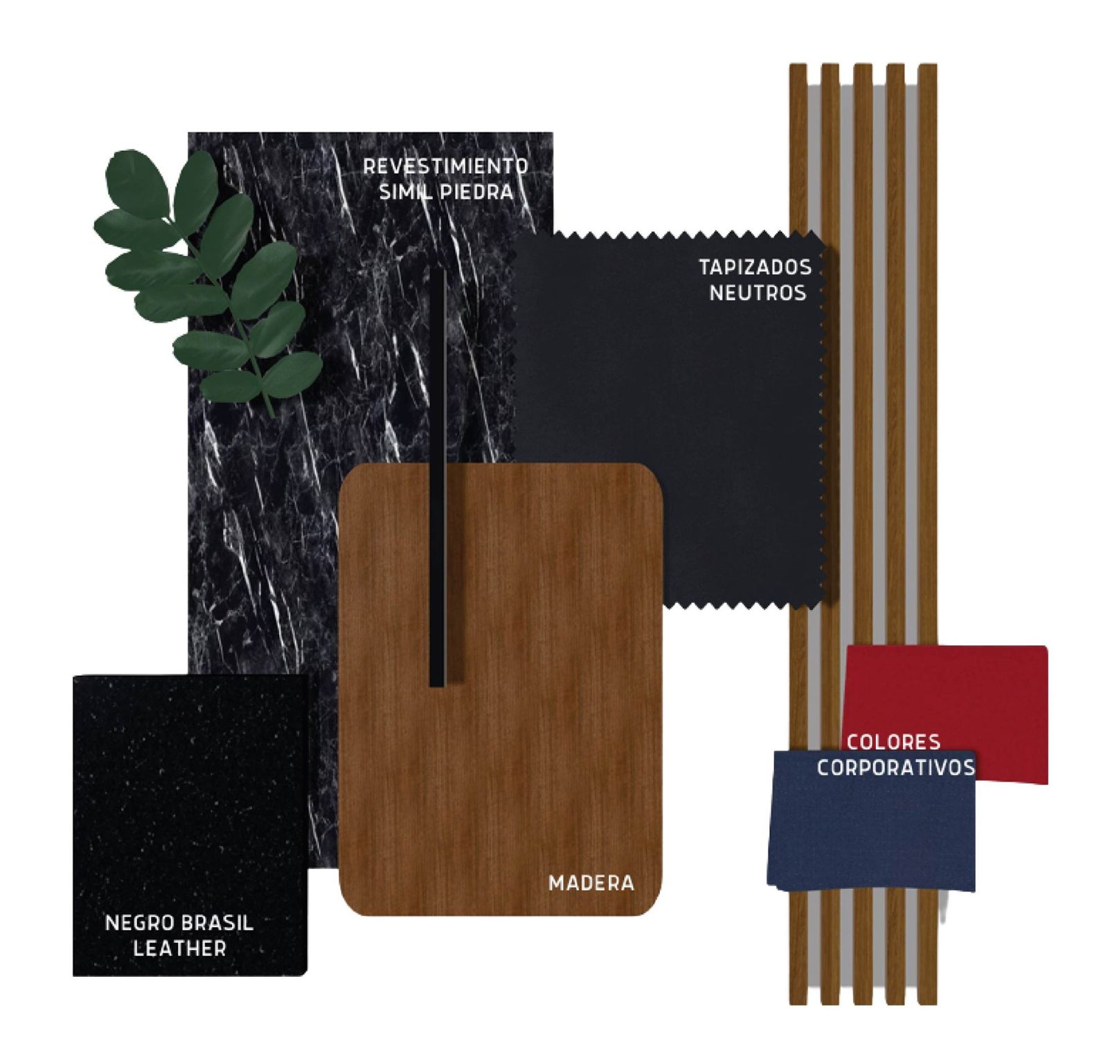 Moodboard de materiales: simil piedra, madera, cuero negro, tapizados neutros y colores corporativos